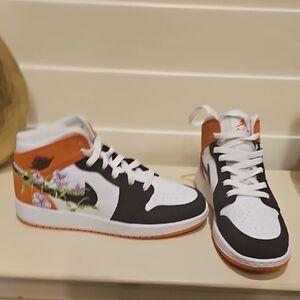 New Jordan High-Top Sneakers — White, Black & Orange with Floral Accent